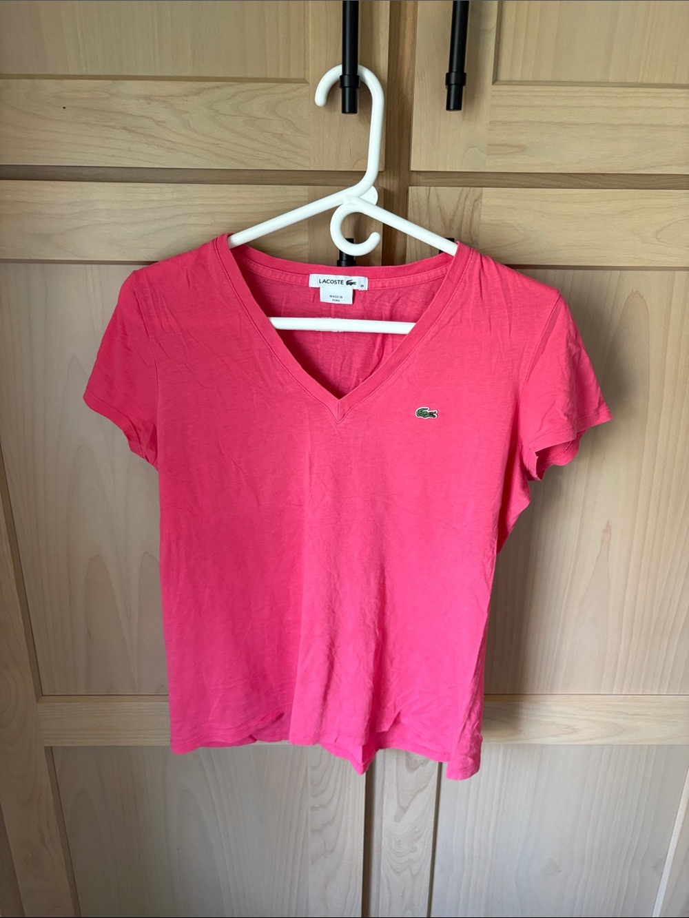 Lacoste Women's V-Neck Tee in Bright Pink